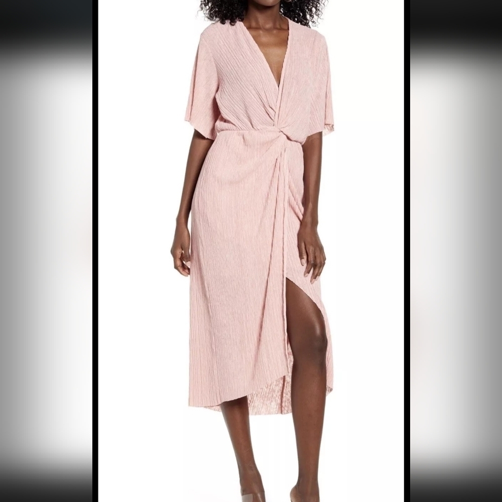 All in Favor Dolman Plissé Midi faux wrap short sleeve pink gauze dress Small